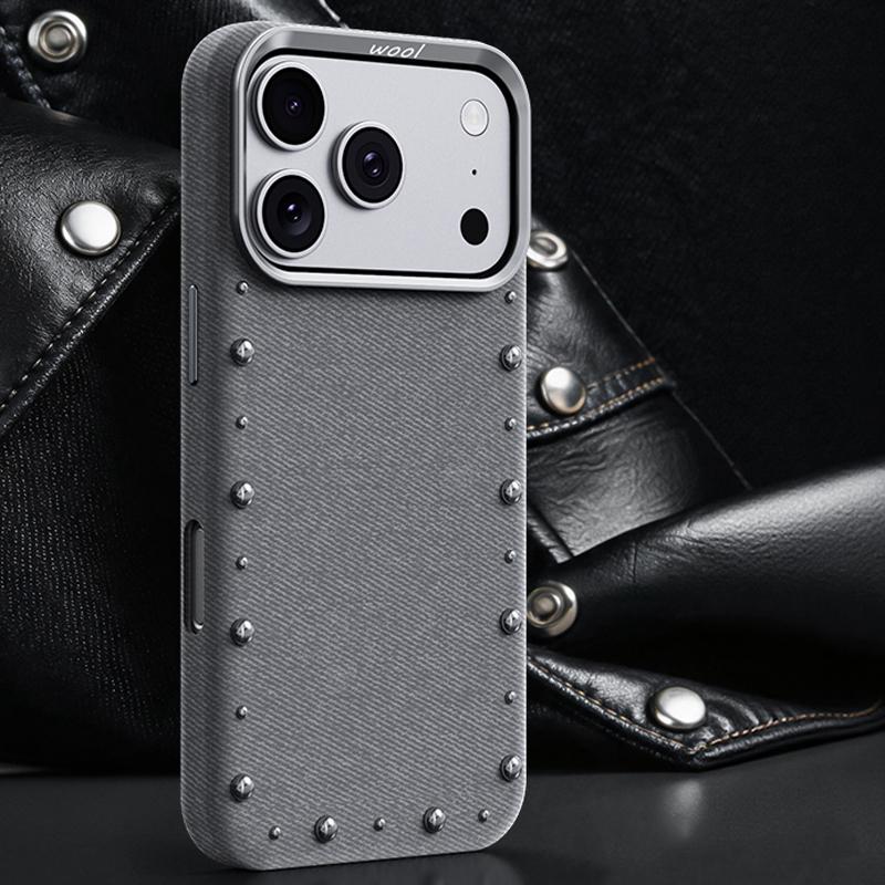 Compatible with iPhone 18 Pro Max & 17 Pro Max Rivet Series Denim Texture Full Coverage Magnetic Phone Case - Light Blue