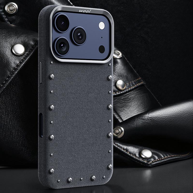 Compatible with iPhone 18 Pro Max & 17 Pro Max Rivet Series Denim Texture Full Coverage Magnetic Phone Case - Dark Grey