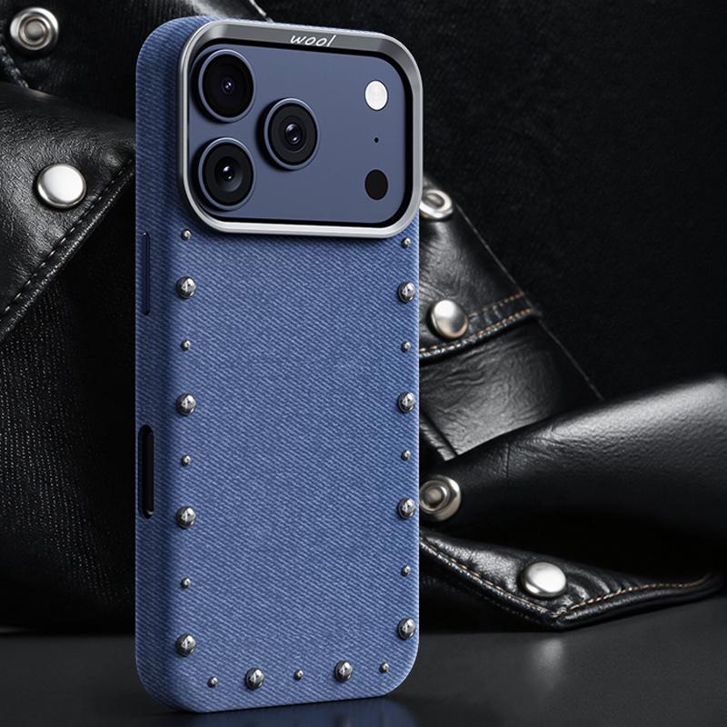 Compatible with iPhone 18 Pro Max & 17 Pro Max Rivet Series Denim Texture Full Coverage Magnetic Phone Case - Dark Blue