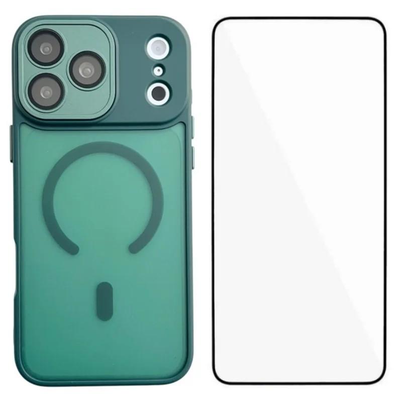 Compatible with iPhone 18 Pro WANLONFENG Skin-feel Magnetic PC Dual-Layer TPU Phone Case with Screen Protector - Green