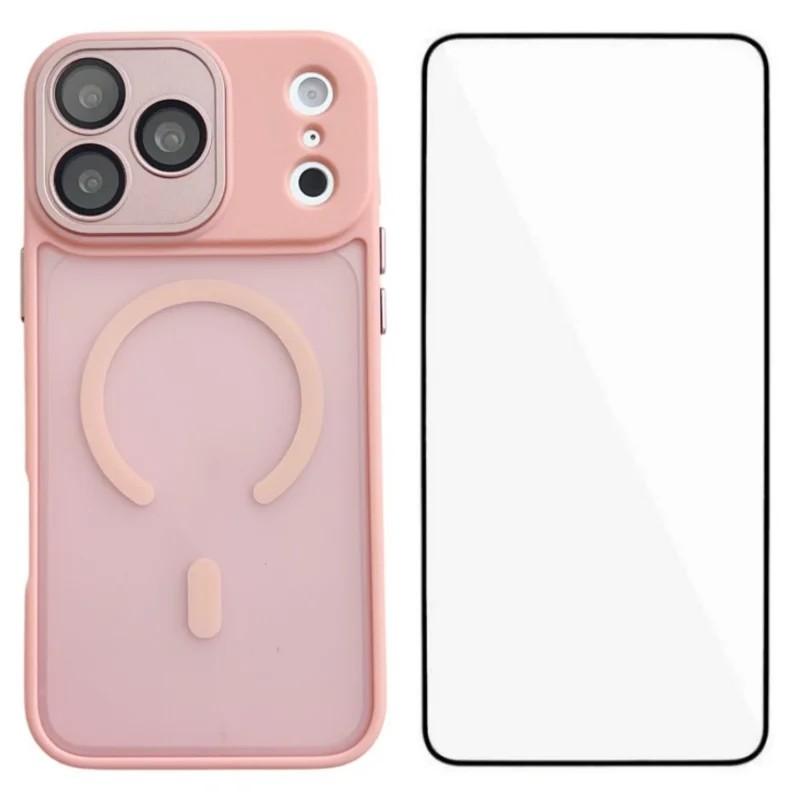 Compatible with iPhone 18 Pro Max WANLONFENG Skin-feel Magnetic PC Dual-Layer TPU Phone Case with Screen Protector - Pink