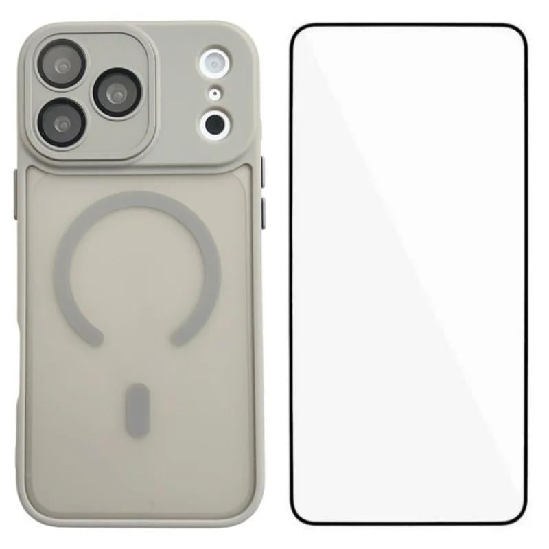 Compatible with iPhone 18 Pro Max WANLONFENG Skin-feel Magnetic PC Dual-Layer TPU Phone Case with Screen Protector - Grey