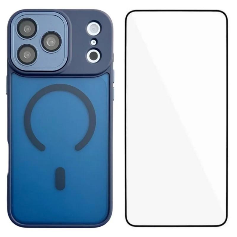 Compatible with iPhone 18 Pro Max WANLONFENG Skin-feel Magnetic PC Dual-Layer TPU Phone Case with Screen Protector - Blue