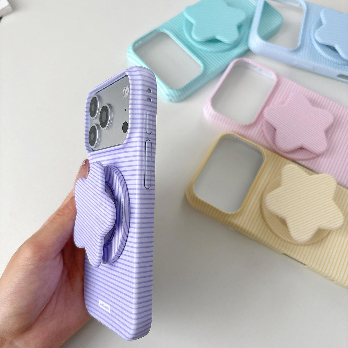 Compatible with iPhone 18 Pro Max & 17 Pro Max Macaron Striped Full Coverage PC Phone Case with Star Holder - Blue