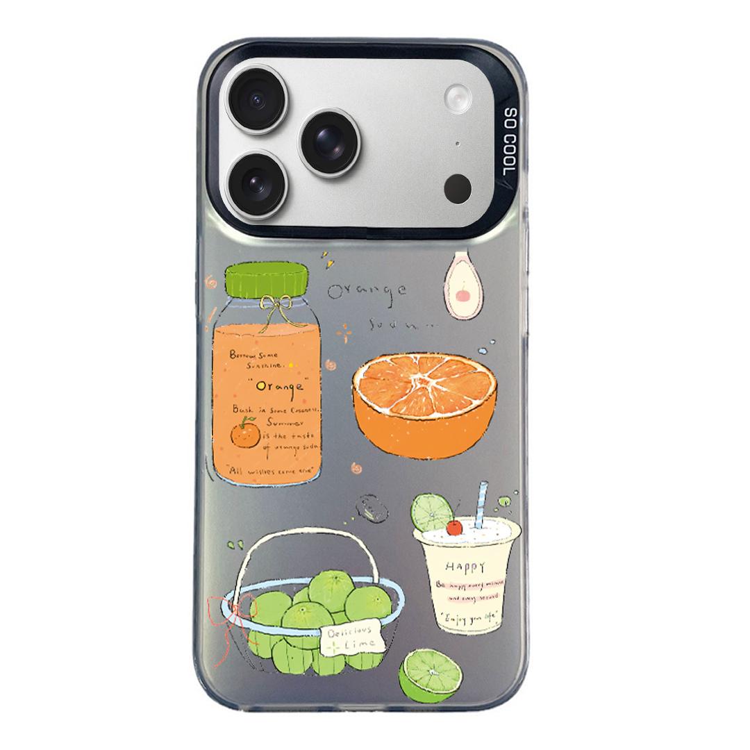 Compatible with iPhone 18 Pro Max & 17 Pro Max Colorful Silver Pattern PC Dual-Layer TPU Phone Case - Black Fruit Tea