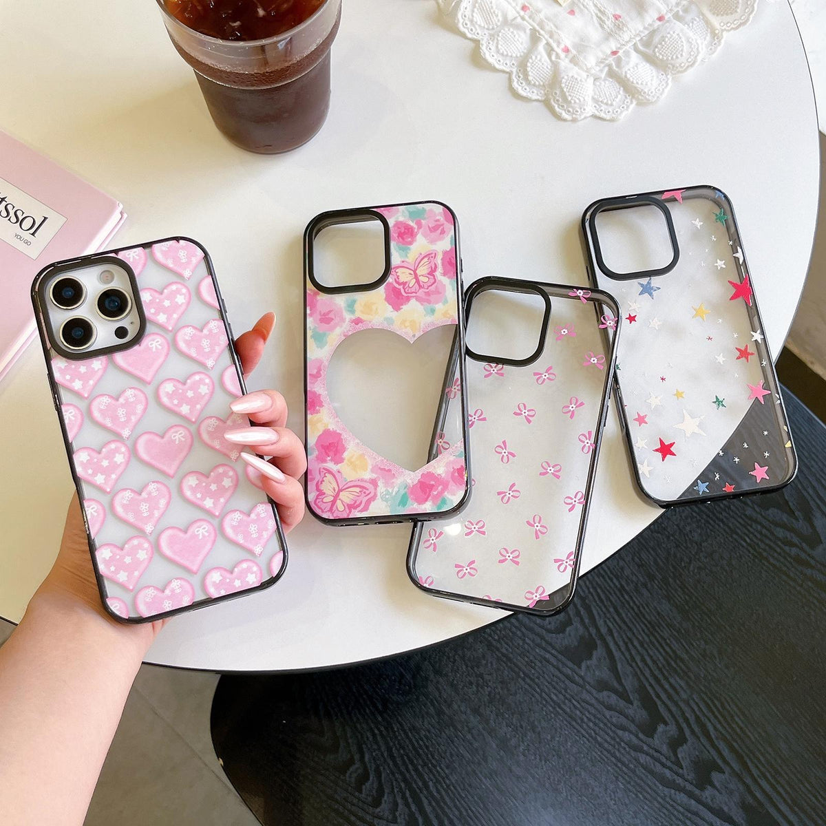 Compatible with iPhone 18 Pro Max & 17 Pro Max French Style Star Bow Transparent Acrylic TPU Phone Case - Heart Flowers