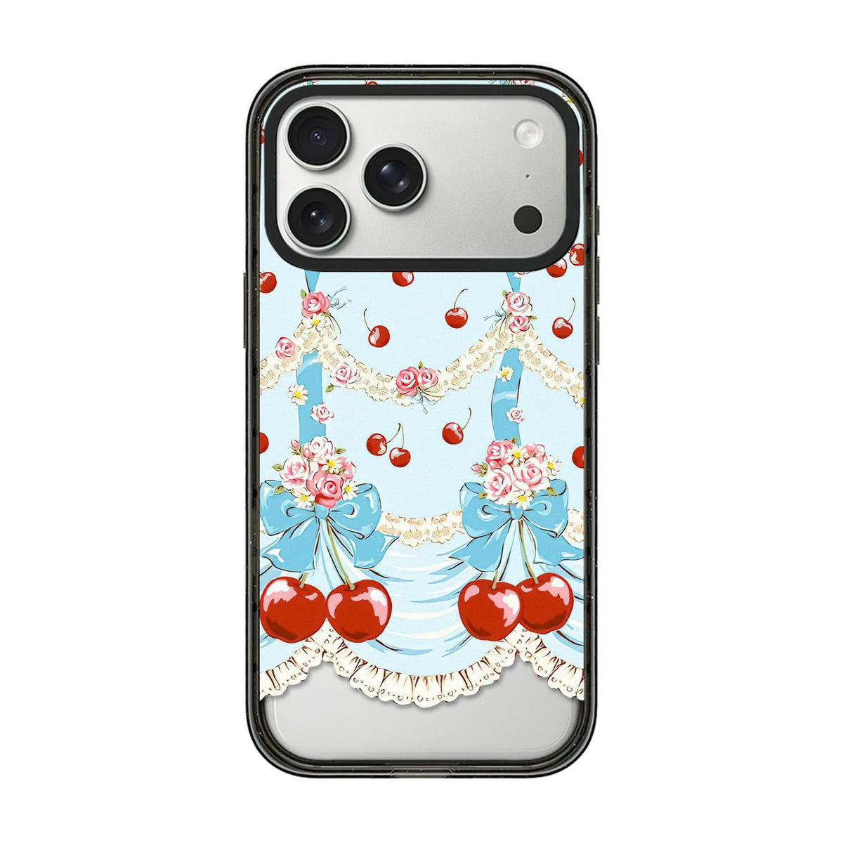 Compatible with iPhone 18 Pro Max & 17 Pro Max Cherry Plaid Acrylic TPU Phone Case - Lolita Blue Dress Cherry
