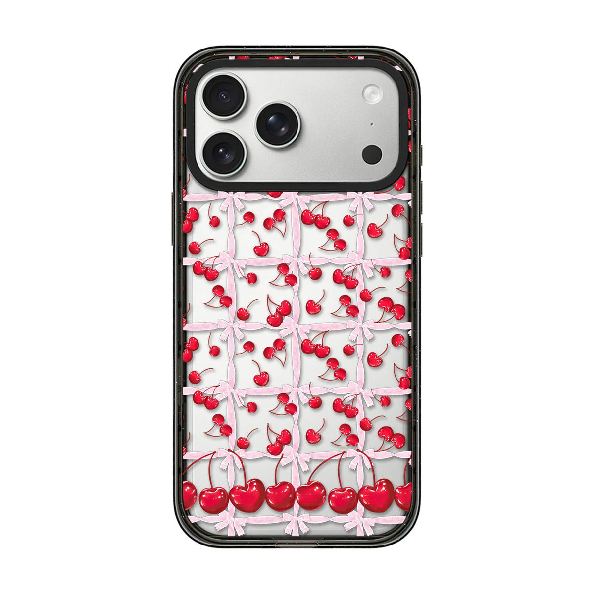 Compatible with iPhone 18 Pro & 17 Pro Cherry Plaid Acrylic TPU Phone Case - Ballet Pink Satin Cherry