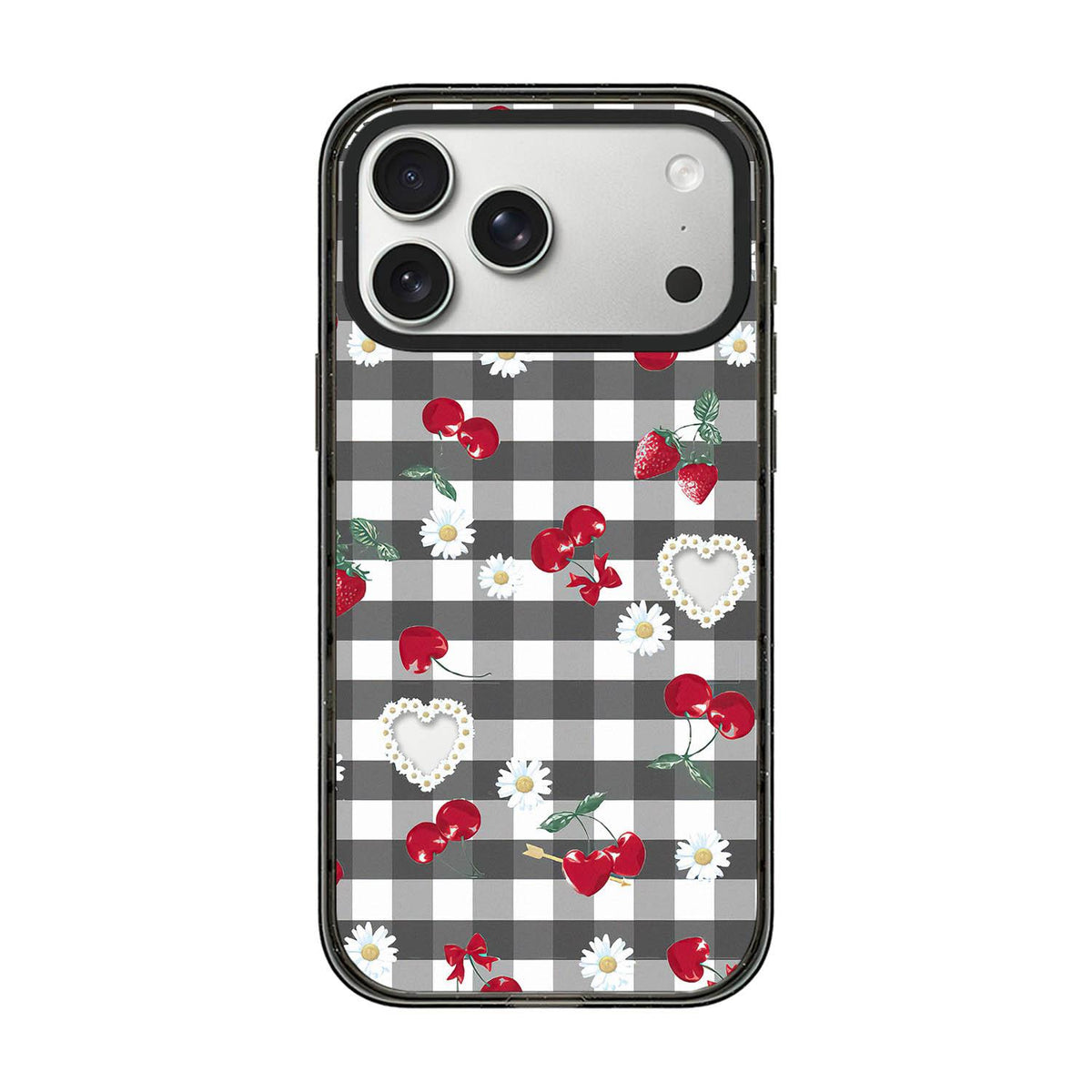 Compatible with iPhone 18 Pro & 17 Pro Cherry Plaid Acrylic TPU Phone Case - Gray Checkered Berry