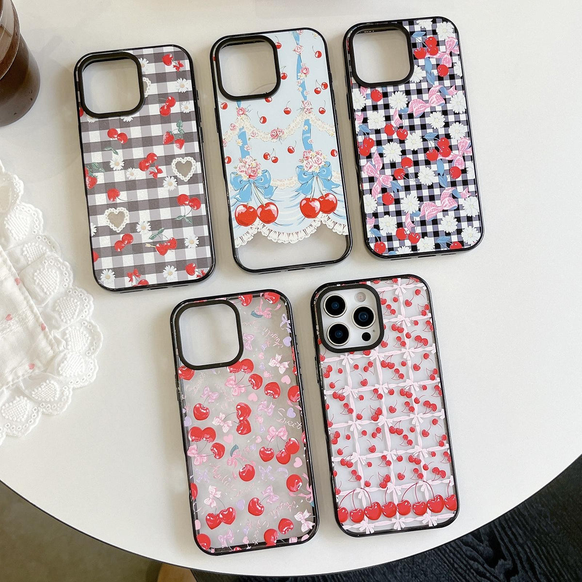 Compatible with iPhone 18 Pro Max & 17 Pro Max Cherry Plaid Acrylic TPU Phone Case - Sweet Cool Black Cherry