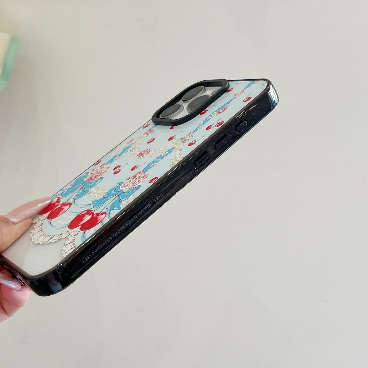Compatible with iPhone 18 Pro Max & 17 Pro Max Cherry Plaid Acrylic TPU Phone Case - Lolita Blue Dress Cherry