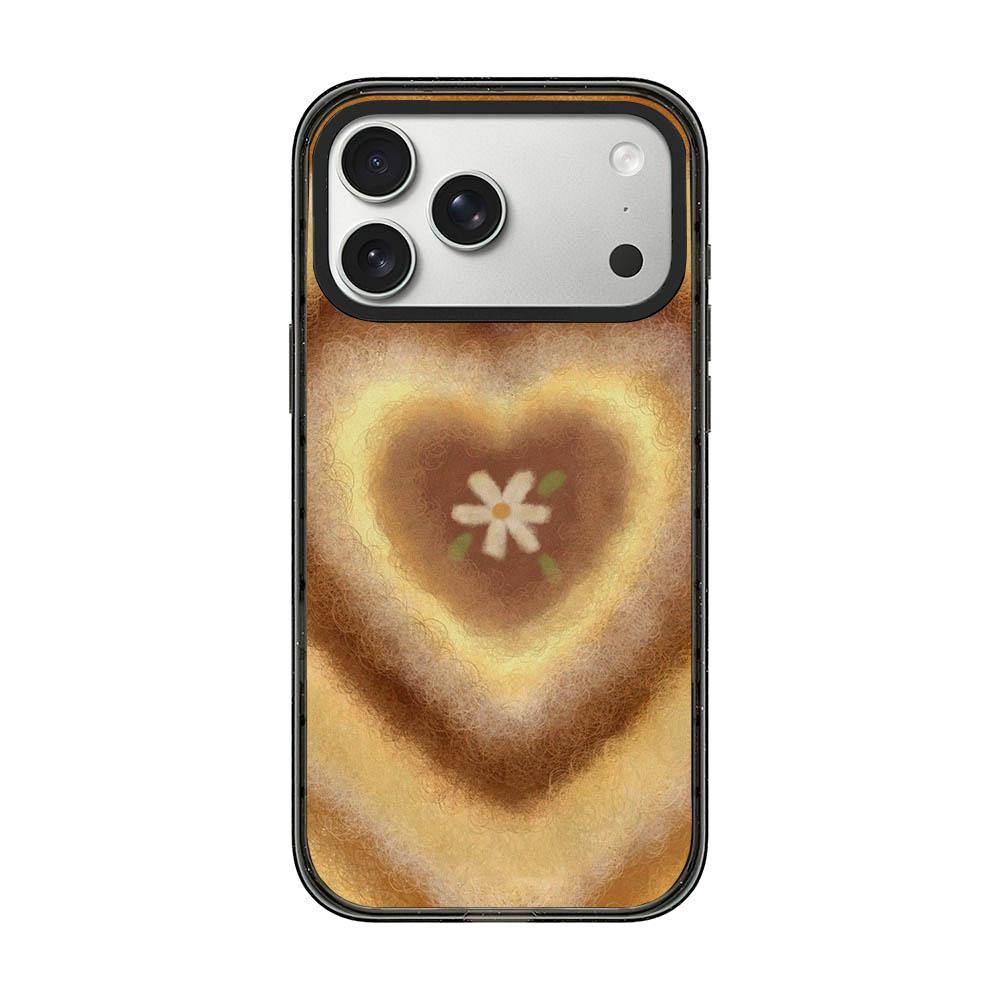 Compatible with iPhone 18 Pro & 17 Pro Felt Checkered Floral Acrylic TPU Phone Case - Caramel Brown Heart
