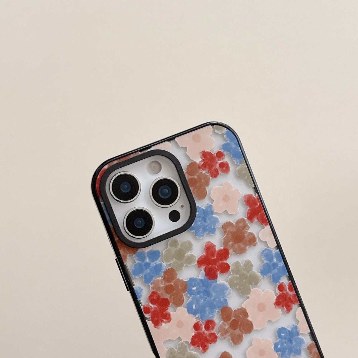 Compatible with iPhone 18 Pro Max & 17 Pro Max Felt Checkered Floral Acrylic TPU Phone Case - Pink Brown Striped Heart