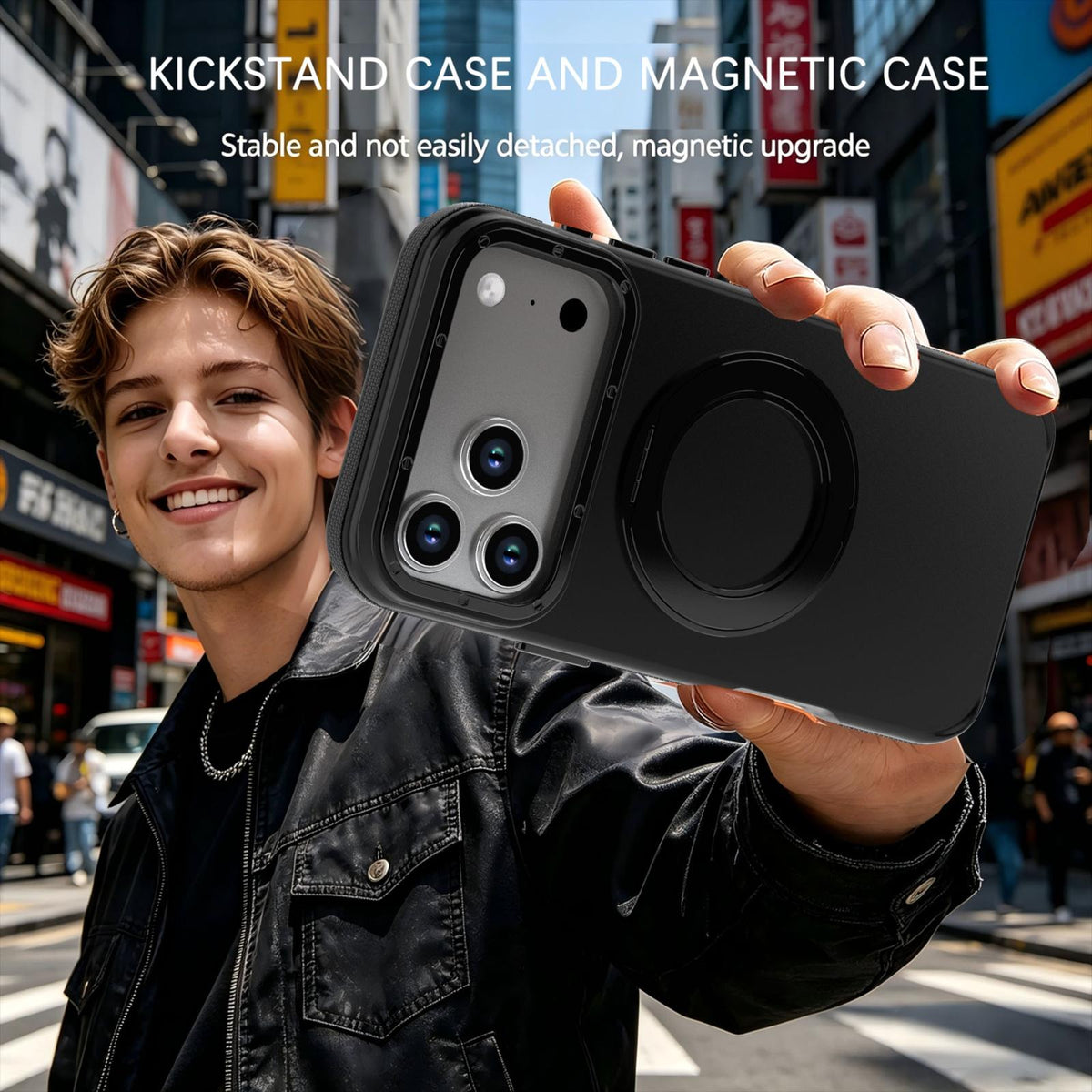 Compatible with iPhone 18 Pro Max Dual Color Skin Feel 360 Degree Rotation Holder Magnetic Phone Case - Black