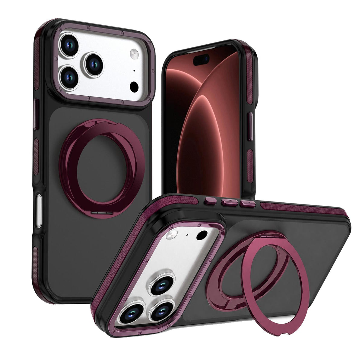Compatible with iPhone 18 Pro Max Dual Color Skin Feel 360 Degree Rotation Holder Magnetic Phone Case - Cherry Red