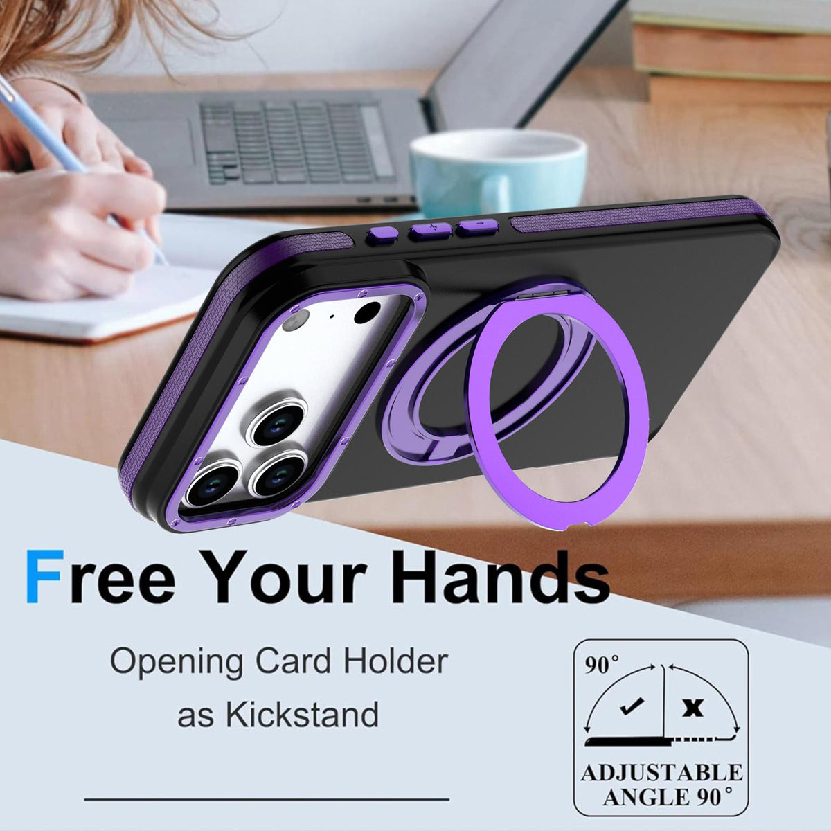 Compatible with iPhone 18 Pro Dual Color Skin Feel 360 Degree Rotation Holder Magnetic Phone Case - Purple