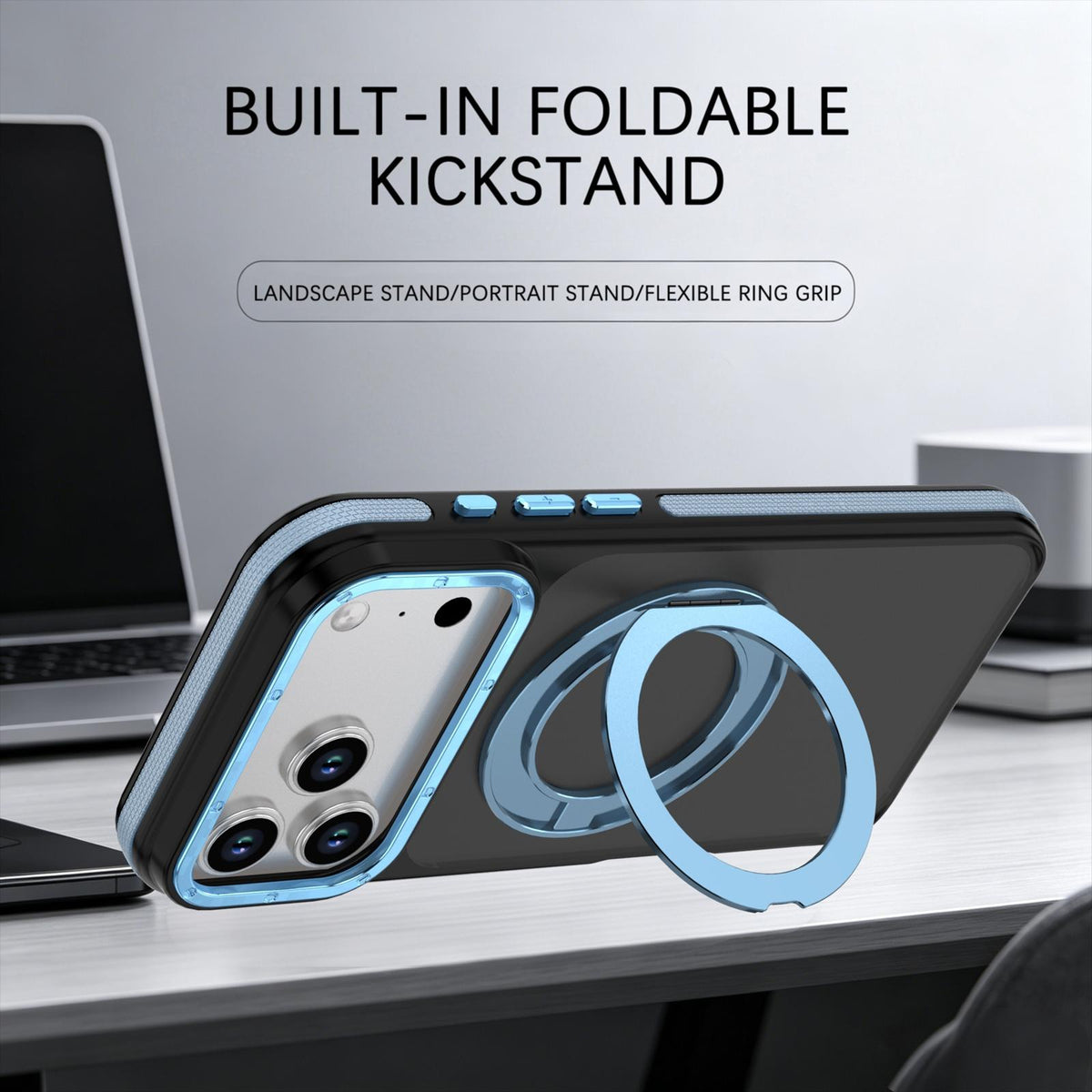 Compatible with iPhone 18 Pro Dual Color Skin Feel 360 Degree Rotation Holder Magnetic Phone Case - Blue