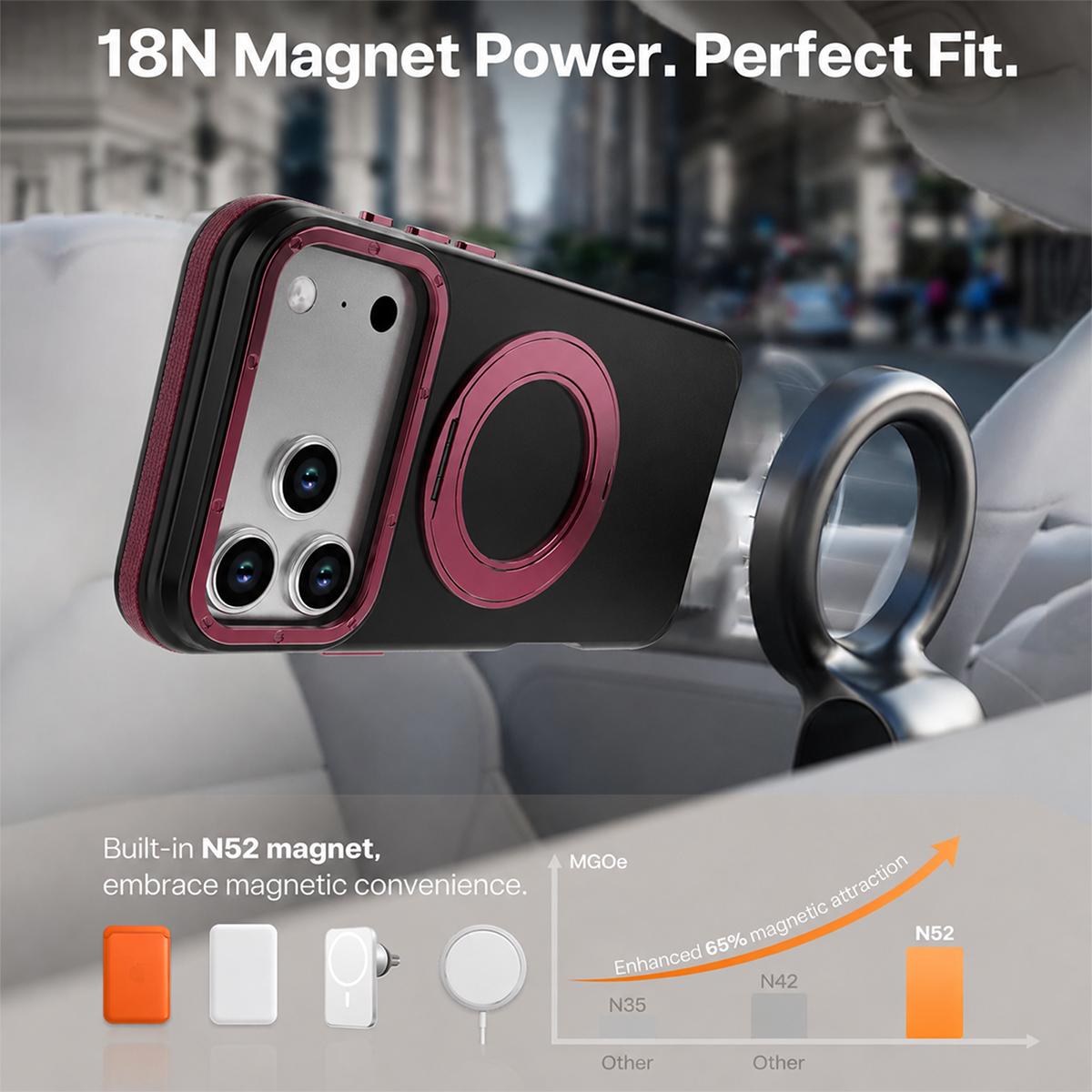 Compatible with iPhone 18 Pro Dual Color Skin Feel 360 Degree Rotation Holder Magnetic Phone Case - Cherry Red