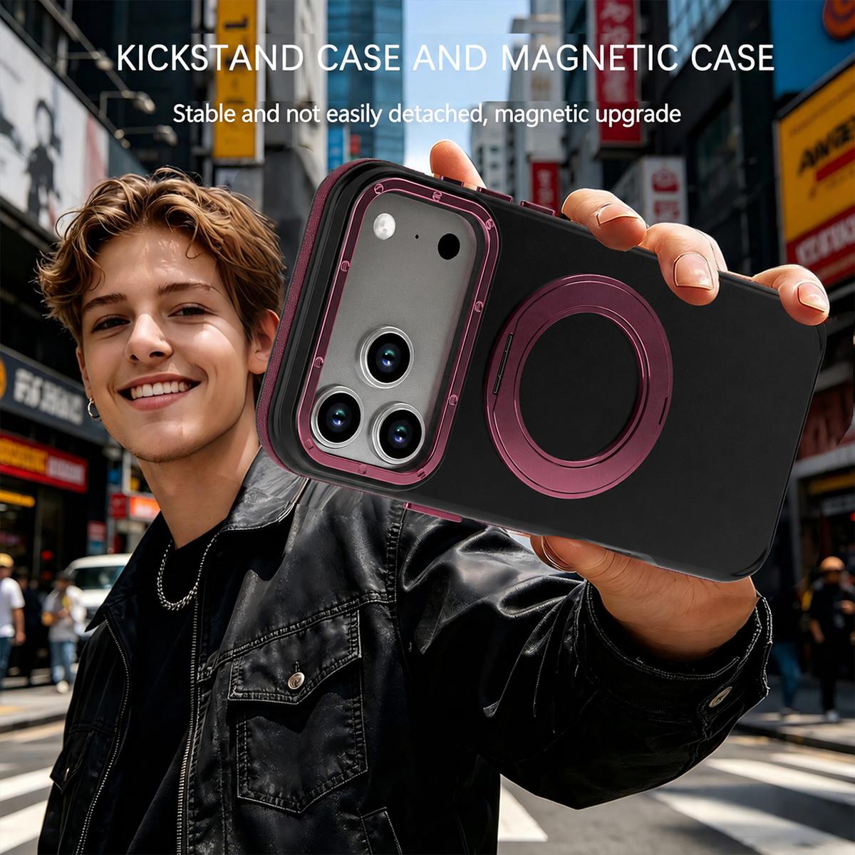 Compatible with iPhone 18 Pro Dual Color Skin Feel 360 Degree Rotation Holder Magnetic Phone Case - Cherry Red