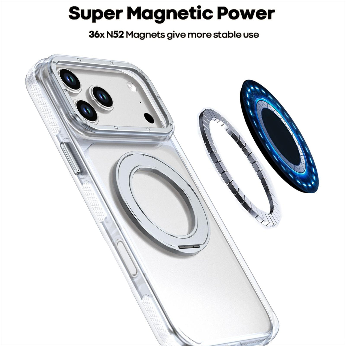 Compatible with iPhone 18 Pro Max Dual Color Clear 360 Degree Rotation Holder Magnetic Phone Case - White