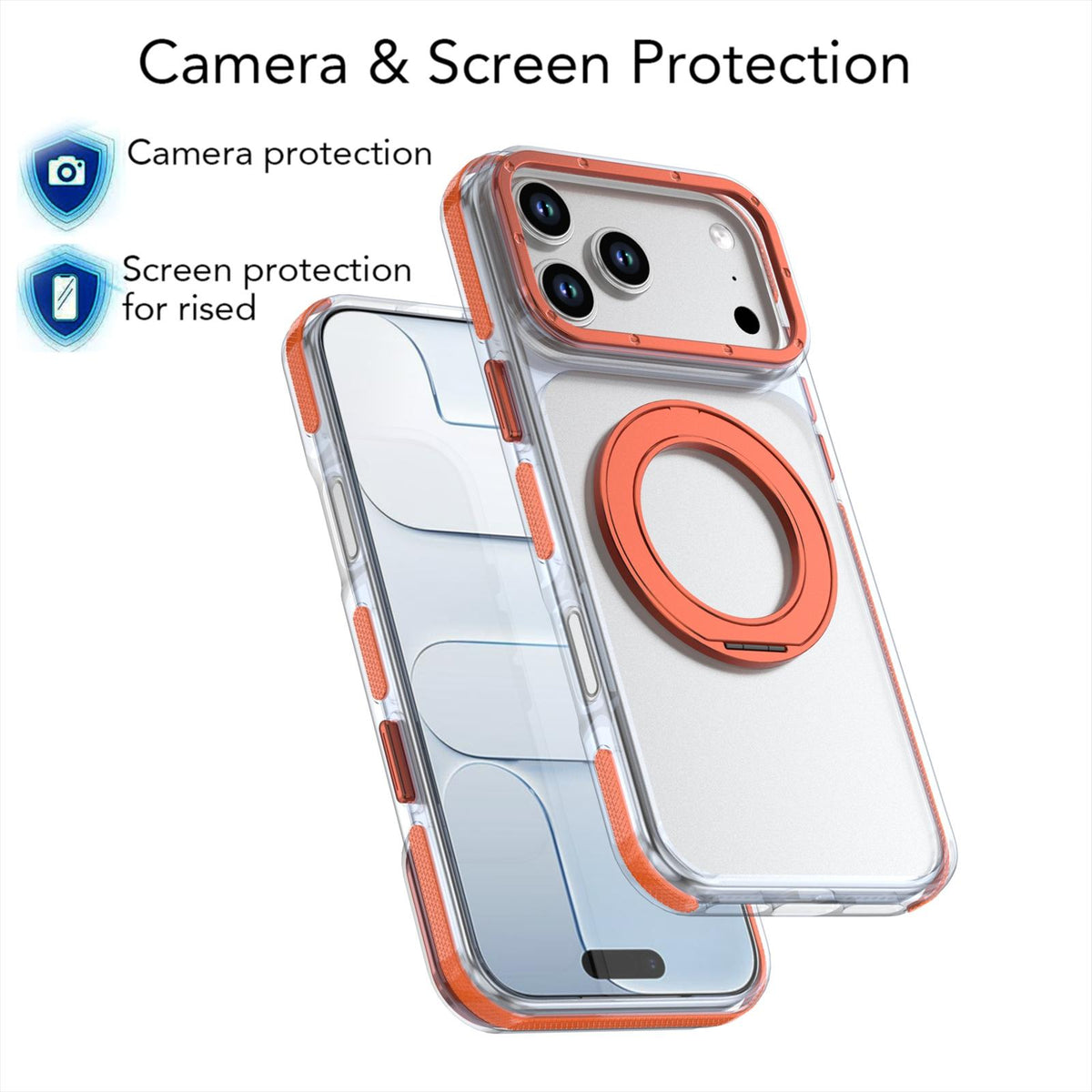 Compatible with iPhone 18 Pro Max Dual Color Clear 360 Degree Rotation Holder Magnetic Phone Case - Orange