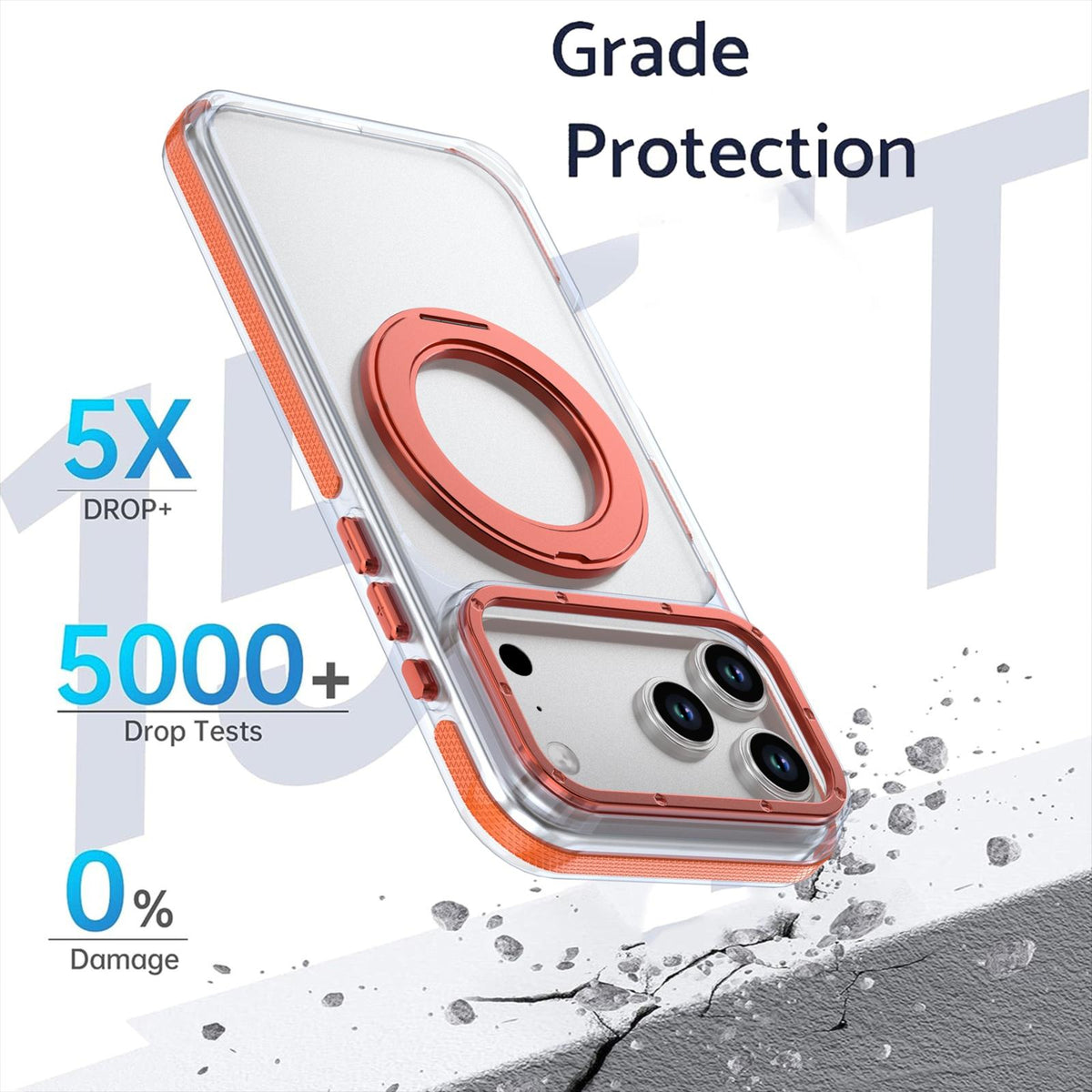 Compatible with iPhone 18 Pro Max Dual Color Clear 360 Degree Rotation Holder Magnetic Phone Case - Orange
