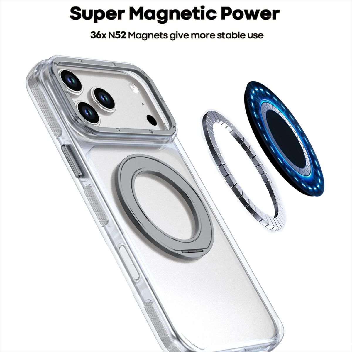 Compatible with iPhone 18 Pro Max Dual Color Clear 360 Degree Rotation Holder Magnetic Phone Case - Grey