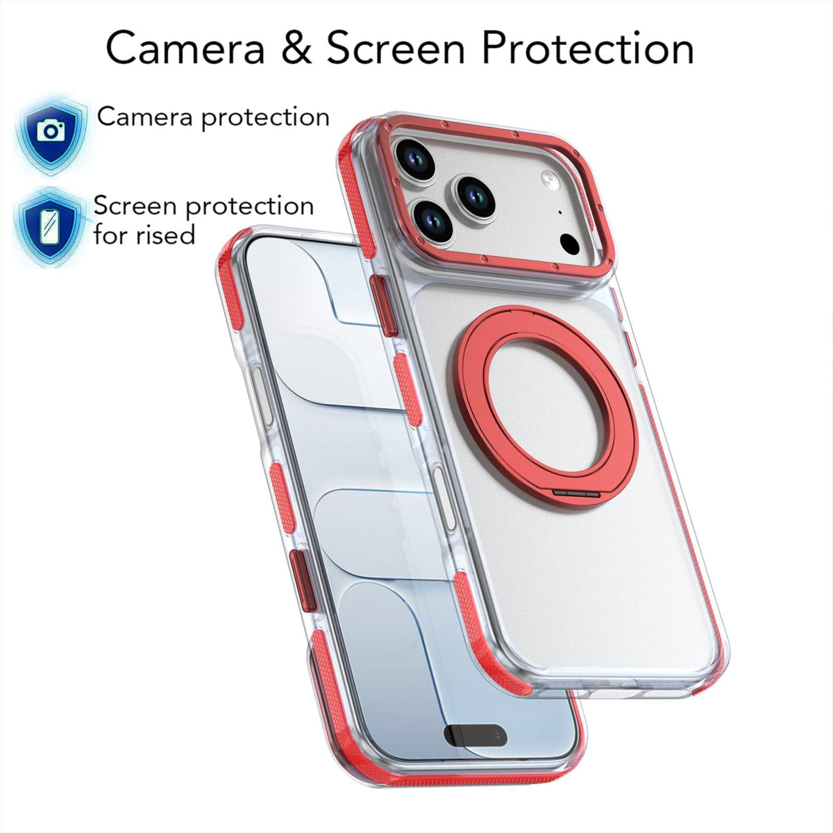 Compatible with iPhone 18 Pro Max Dual Color Clear 360 Degree Rotation Holder Magnetic Phone Case - Red