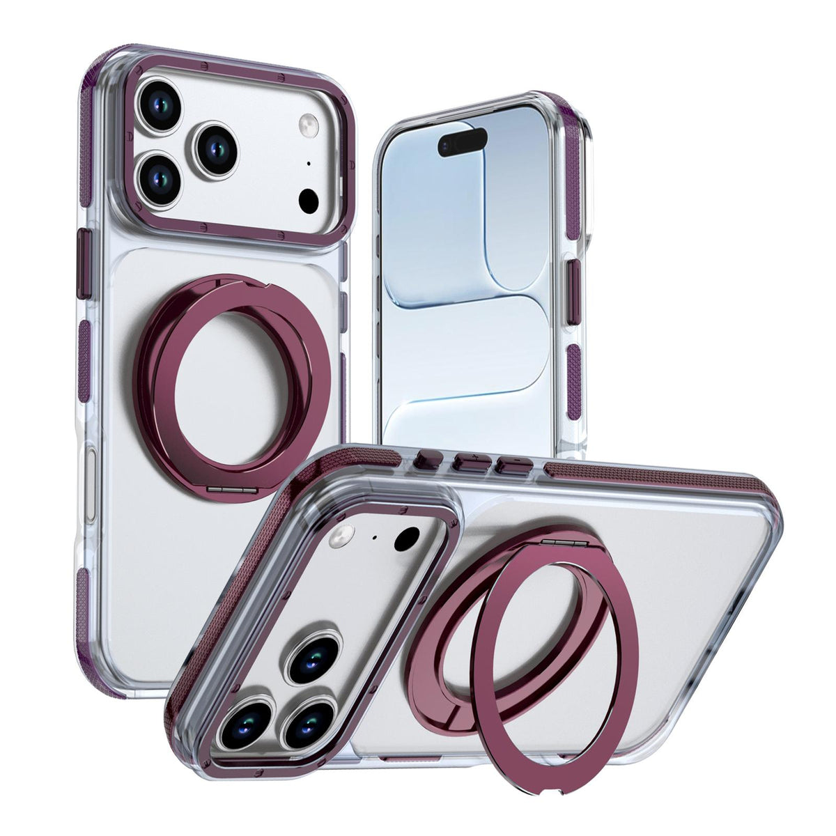 Compatible with iPhone 18 Pro Max Dual Color Clear 360 Degree Rotation Holder Magnetic Phone Case - Cherry Red