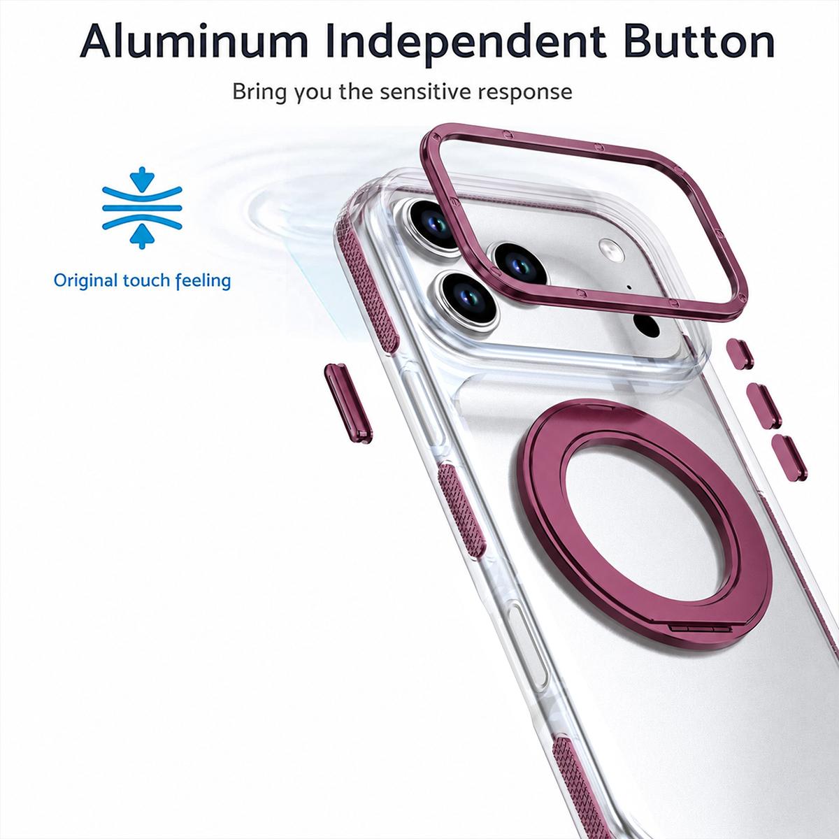 Compatible with iPhone 18 Pro Max Dual Color Clear 360 Degree Rotation Holder Magnetic Phone Case - Cherry Red