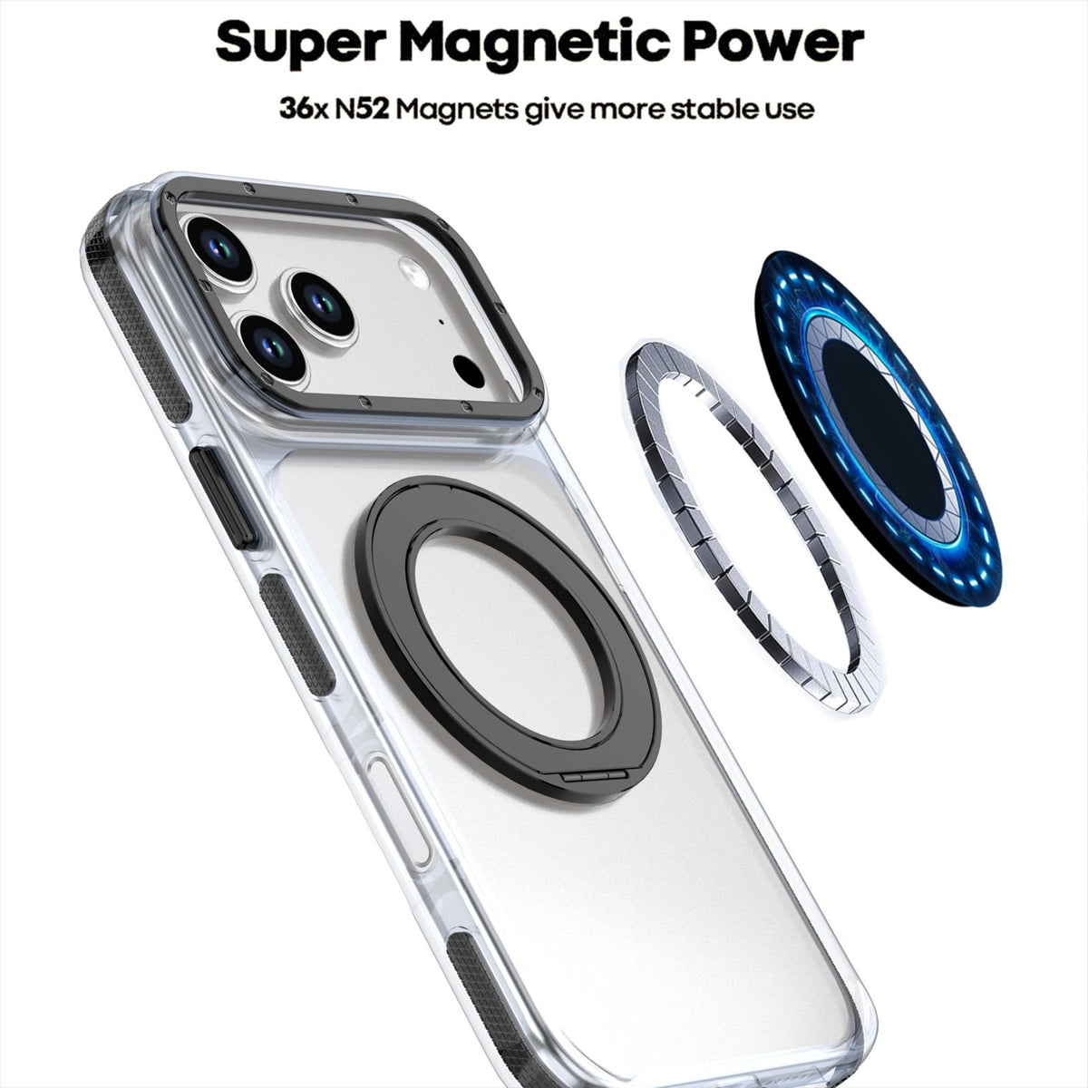 Compatible with iPhone 18 Pro Dual Color Clear 360 Degree Rotation Holder Magnetic Phone Case - Black