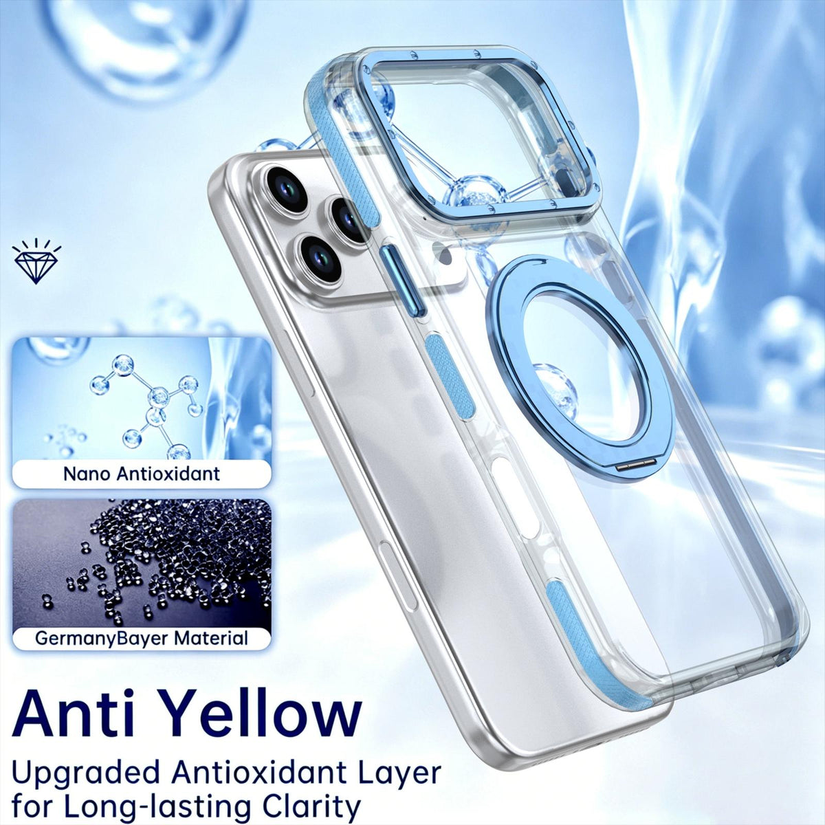 Compatible with iPhone 18 Pro Dual Color Clear 360 Degree Rotation Holder Magnetic Phone Case - Sky Blue