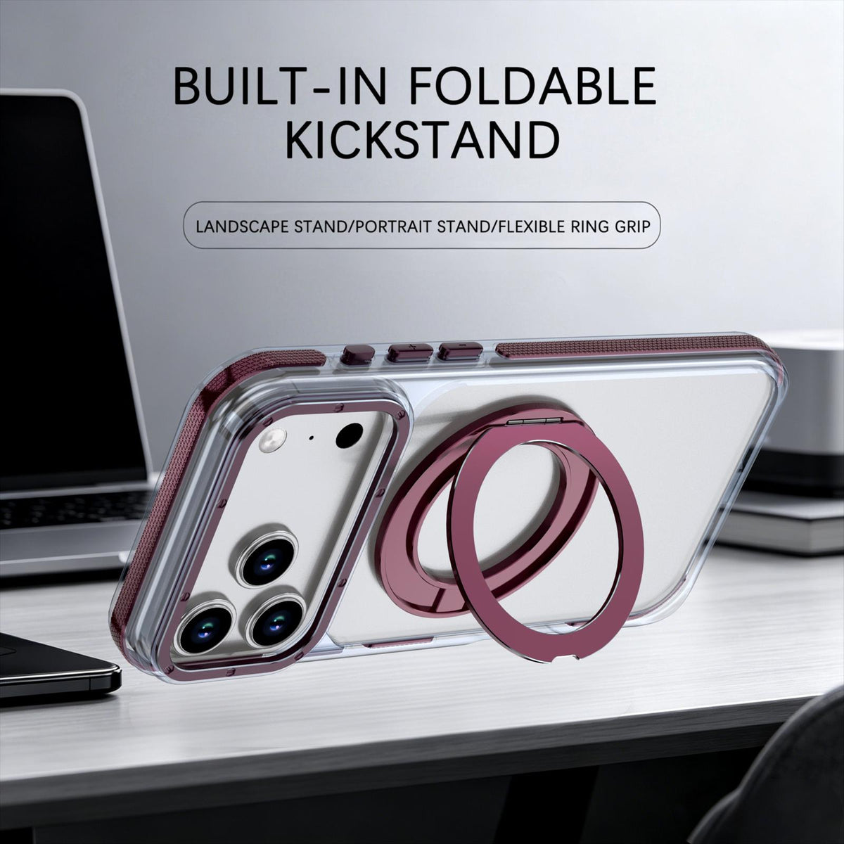 Compatible with iPhone 18 Pro Dual Color Clear 360 Degree Rotation Holder Magnetic Phone Case - Cherry Red