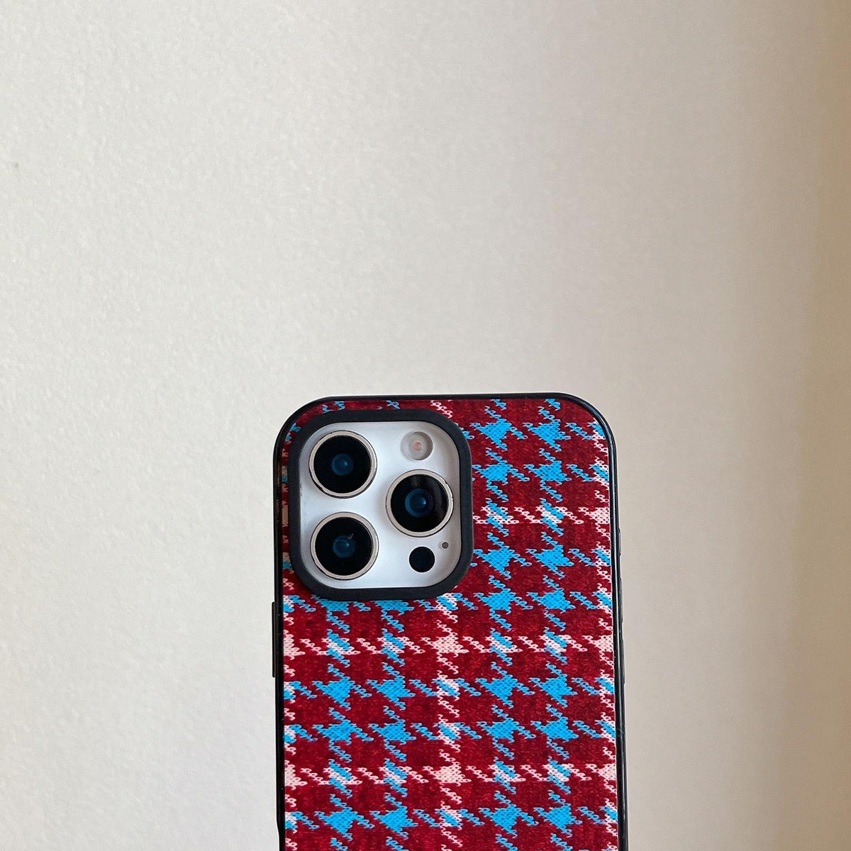 Compatible with iPhone 18 Pro Max & 17 Pro Max Denim Knit Printed Acrylic TPU Phone Case - Blue Houndstooth