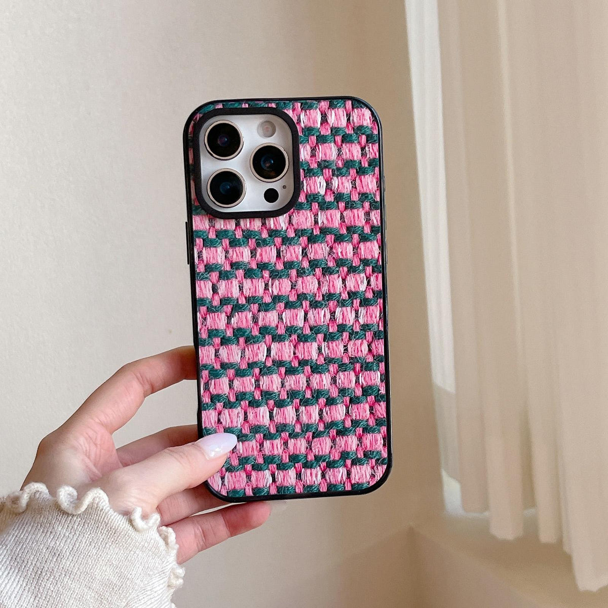 Compatible with iPhone 18 Pro Max & 17 Pro Max Denim Knit Printed Acrylic TPU Phone Case - Pink Green Woven