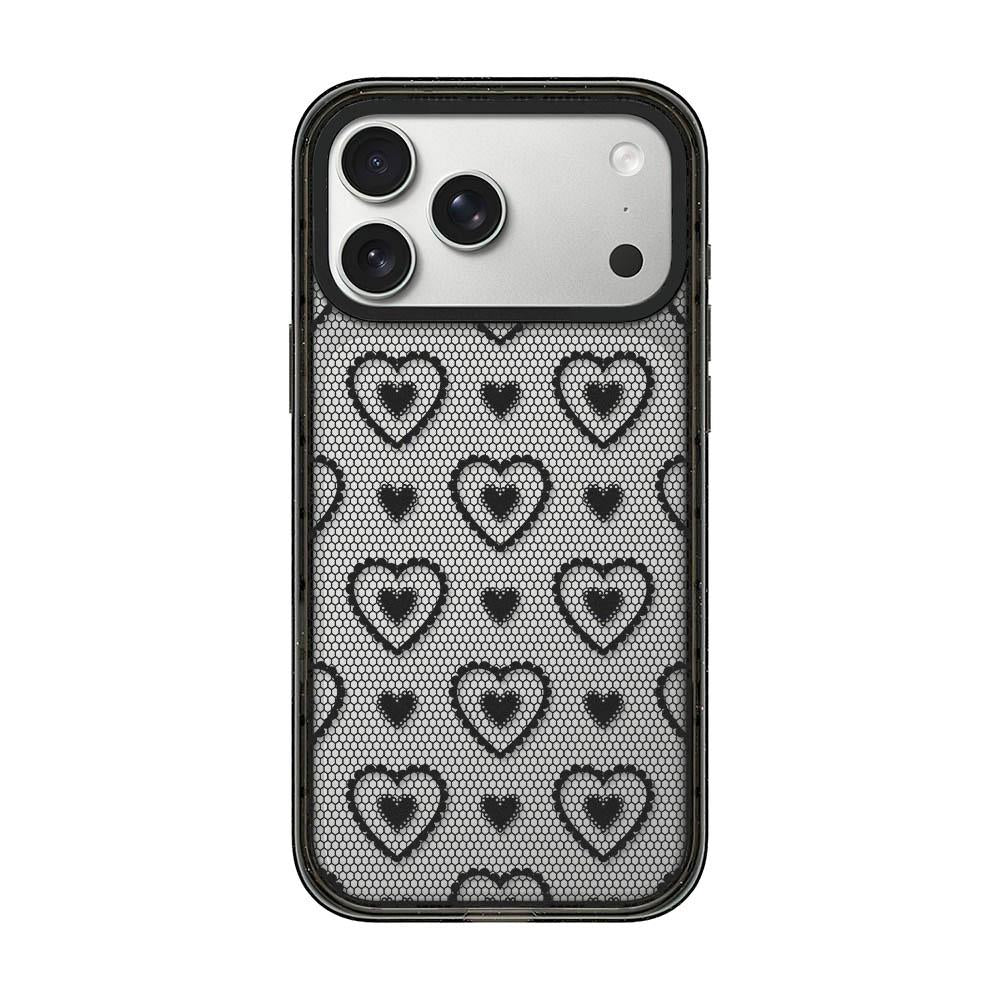 Compatible with iPhone 18 Pro Max & 17 Pro Max Lace Bow Printed Acrylic TPU Phone Case - Black Heart Fishing Net