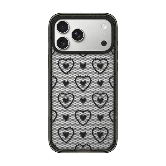 Compatible with iPhone 18 Pro Max & 17 Pro Max Lace Bow Printed Acrylic TPU Phone Case - Black Heart Fishing Net