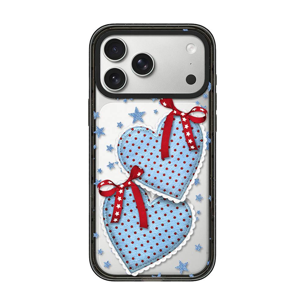 Compatible with iPhone 18 Pro Max & 17 Pro Max Denim Floral Pattern Acrylic TPU Phone Case - Denim Blue Ribbon Heart