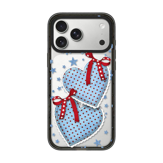 Compatible with iPhone 18 Pro Max & 17 Pro Max Denim Floral Pattern Acrylic TPU Phone Case - Denim Blue Ribbon Heart