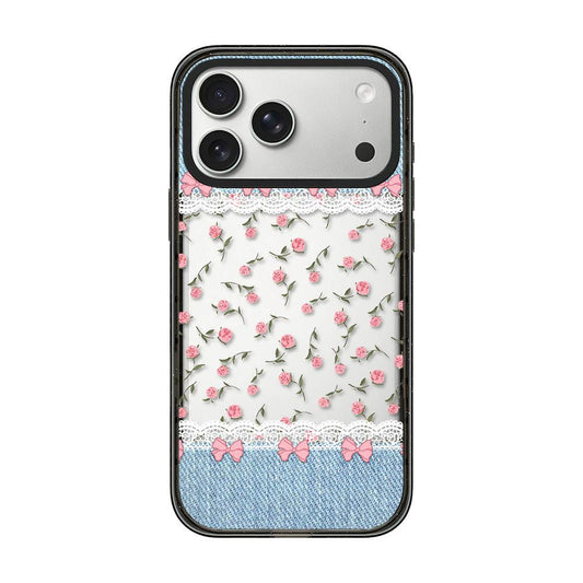 Compatible with iPhone 18 Pro Max & 17 Pro Max Denim Floral Pattern Acrylic TPU Phone Case - Denim Rose Lace