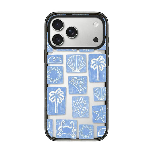 Compatible with iPhone 18 Pro Max & 17 Pro Max Seashell Bow Transparent Acrylic TPU Phone Case - Blue White Ocean Block