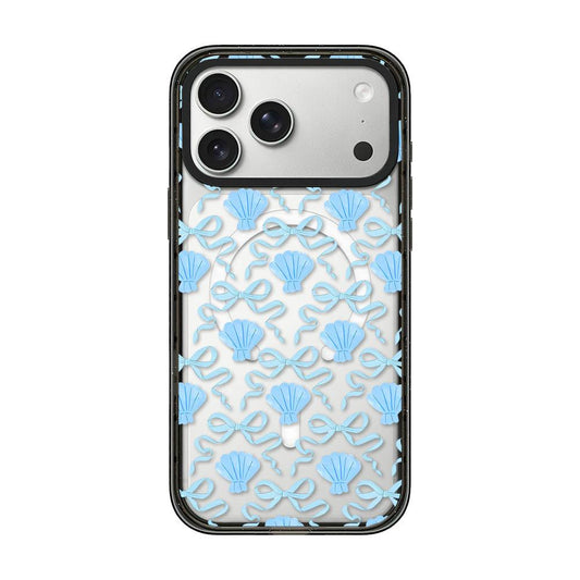Compatible with iPhone 18 Pro Max & 17 Pro Max Seashell Bow Transparent Magnetic Acrylic TPU Phone Case - Light Blue Seashell Bow