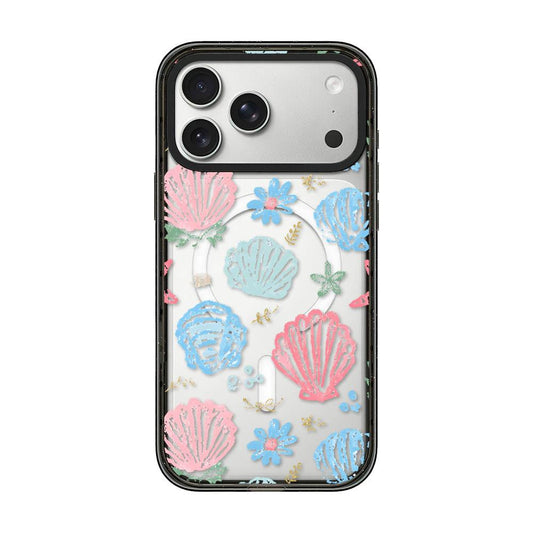 Compatible with iPhone 18 Pro Max & 17 Pro Max Seashell Bow Transparent Magnetic Acrylic TPU Phone Case - Macaron Graffiti Seashell