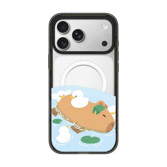 Compatible with iPhone 18 Pro Max & 17 Pro Max Cute Capybara Cartoon Print Magnetic Acrylic TPU Phone Case - Pond Capybara Ducklings