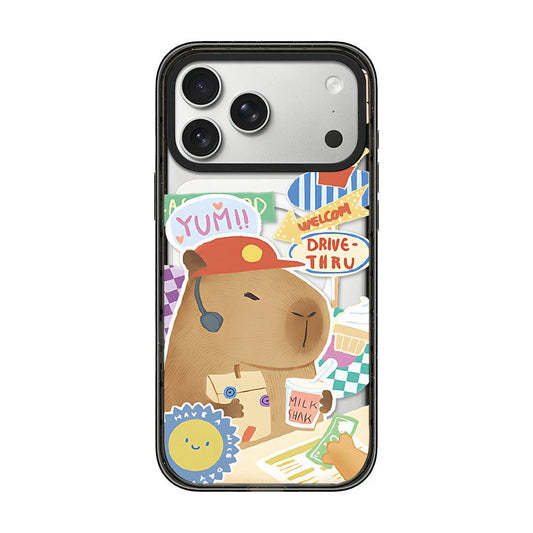 Compatible with iPhone 18 Pro Max & 17 Pro Max Cute Capybara Cartoon Print Magnetic Acrylic TPU Phone Case - Fast Food Worker Capybara