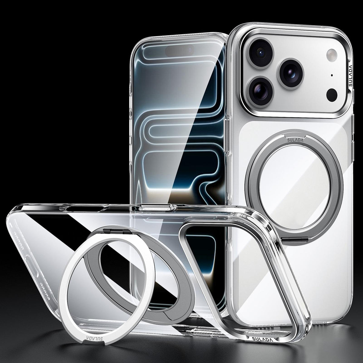 Compatible with iPhone 18 Pro Max SULADA 360 Degree Rotation Magnetic Holder Clear PC Phone Case - Transparent