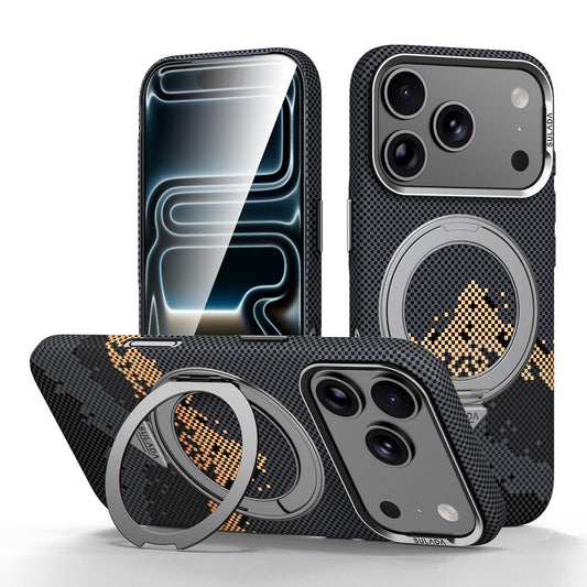 Compatible with iPhone 18 Pro Max SULADA Kevlar Pixel Grid Texture Rotation Magnetic Holder Phone Case - Black