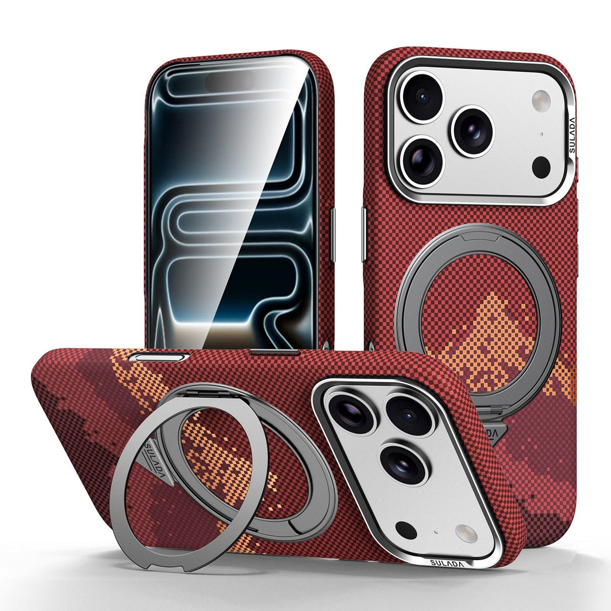 Compatible with iPhone 18 Pro Max SULADA Kevlar Pixel Grid Texture Rotation Magnetic Holder Phone Case - Red