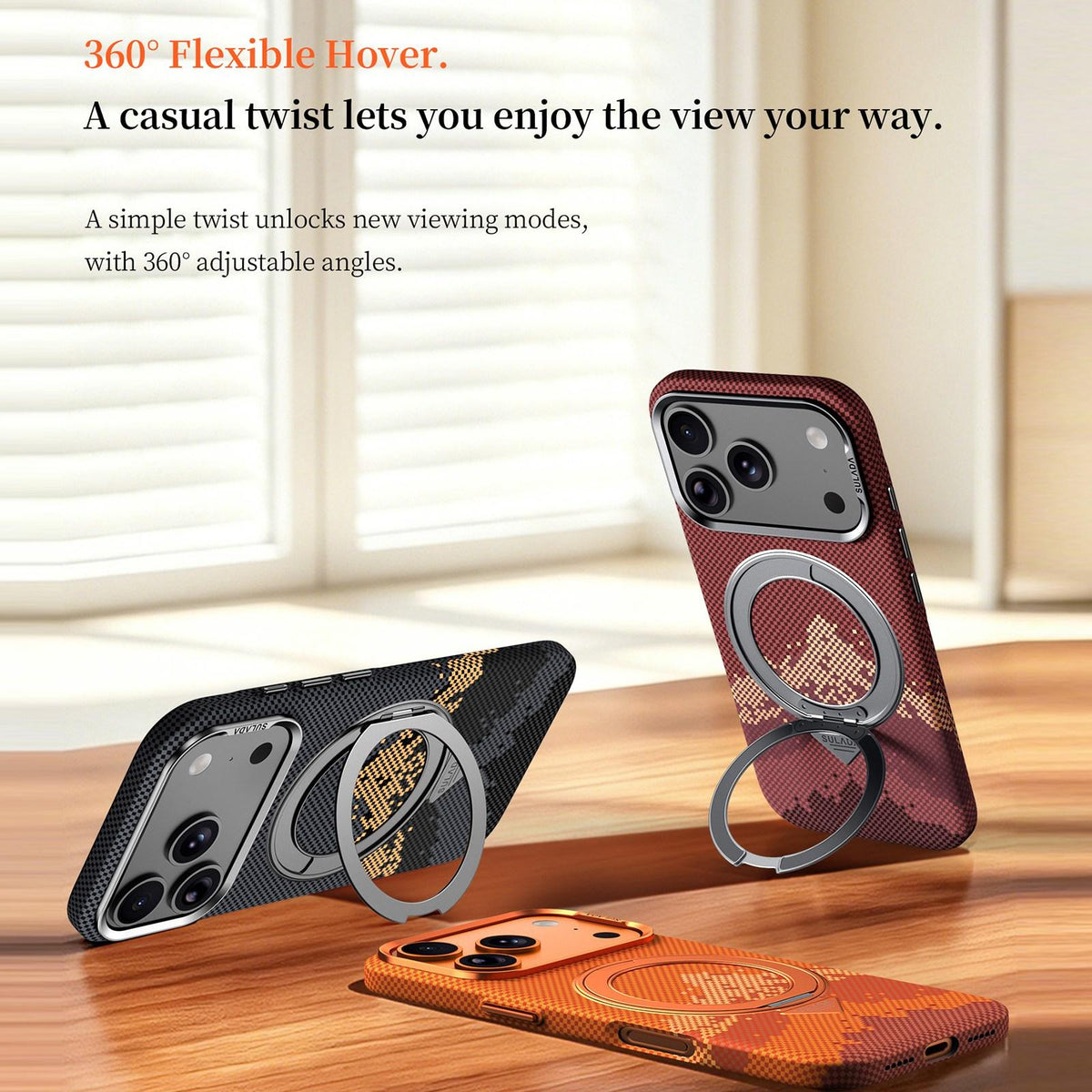Compatible with iPhone 18 Pro Max SULADA Kevlar Pixel Grid Texture Rotation Magnetic Holder Phone Case - Orange