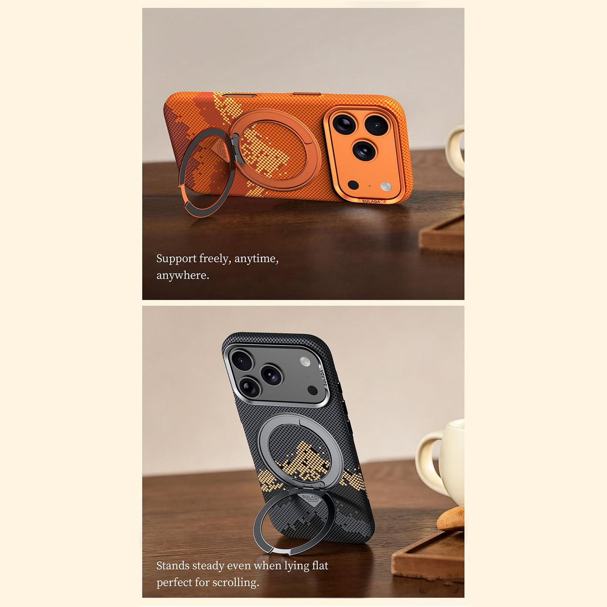 Compatible with iPhone 18 Pro Max SULADA Kevlar Pixel Grid Texture Rotation Magnetic Holder Phone Case - Orange